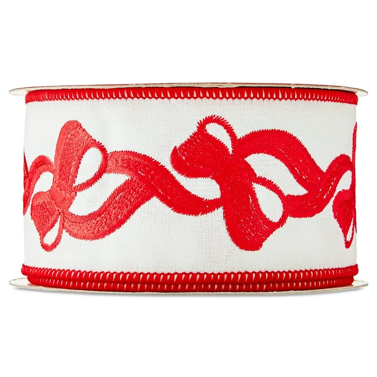 Embroidered Bow Christmas Ribbon, Red and White, 2.5" x 12', by Holiday Time | Walmart (US)