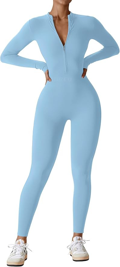YEOREO Women Long Sleeve Workout Jumpsuit Zip Up Romper Bottom Pants Bodysuit Bodycon Sexy One Pi... | Amazon (US)