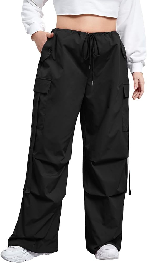 Floerns Women's Plus Size Flap Pocket Drawstring High Rise Parachute Baggy Cargo Pants | Amazon (US)