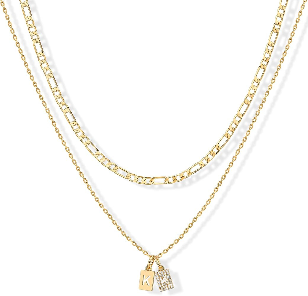 PAVOI 14K Gold Plated Initial Letter Double Dog Tag Pendant Necklace | Dainty Cubic Zirconia Lett... | Amazon (US)