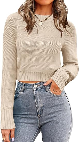 Zeagoo Women's 2025 Fall Crewneck Cropped Sweater Trendy Long Sleeve Ribbed Knit Pullover Jumper ... | Amazon (US)