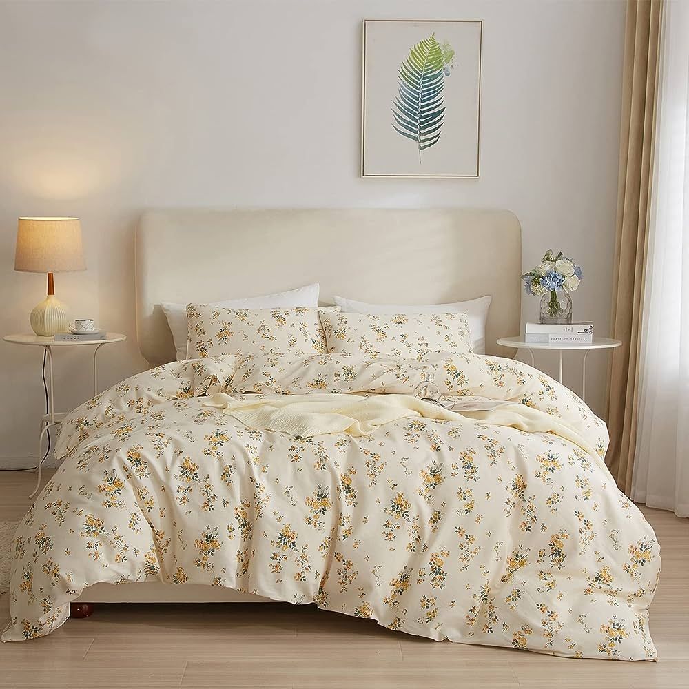 EAVD Yellow Botanical Floral Duvet Cover Queen Soft Cotton Reversible Floral Bedding Sets Full Ae... | Amazon (US)