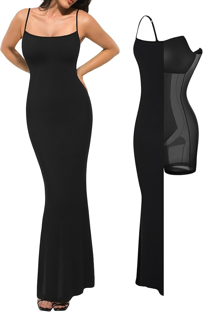 Popilush Bodycon Dresses for Women Shapewear Tummy Control Maxi Dress Built in Bra Spaghetti Strap Formal Party Summer | Amazon (US)