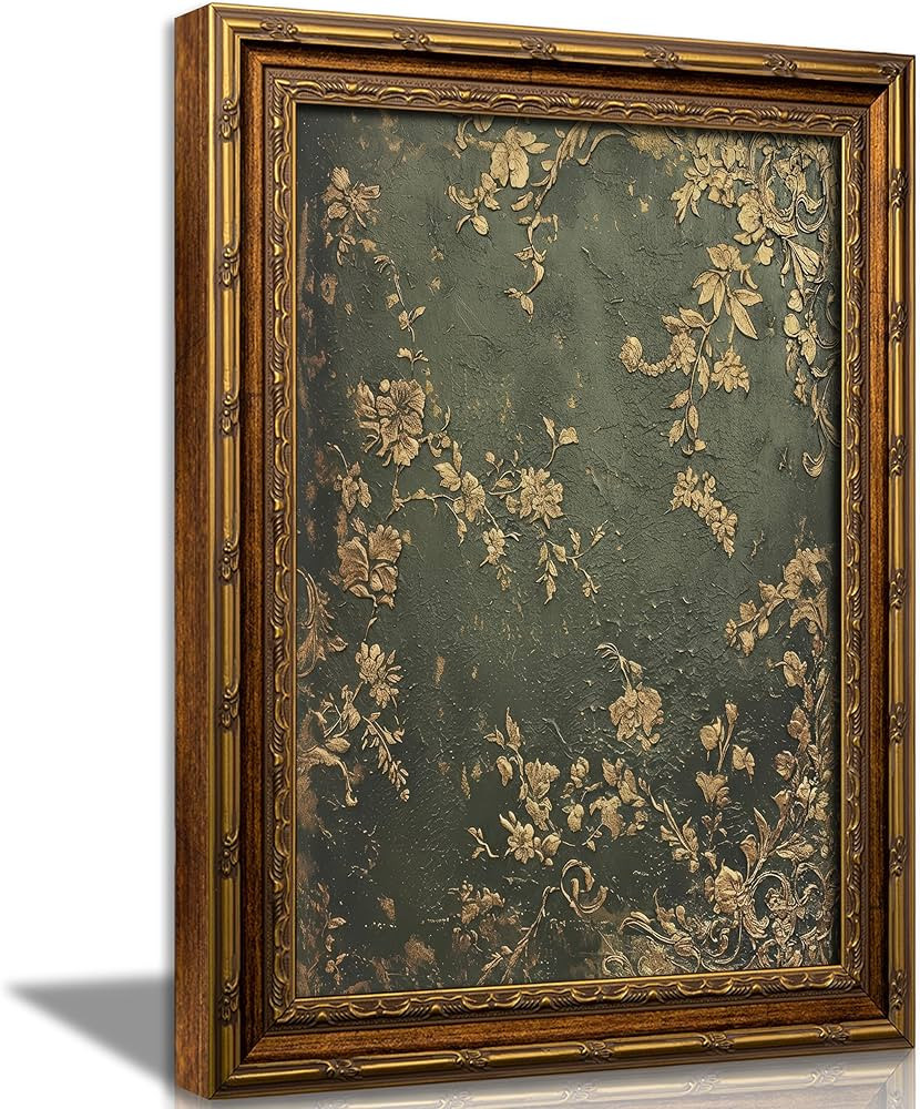 Vexlynora Vintage Gold Framed Dark Green Floral Wall Art - Ornate Gold Flower Canvas luxurious Te... | Amazon (US)