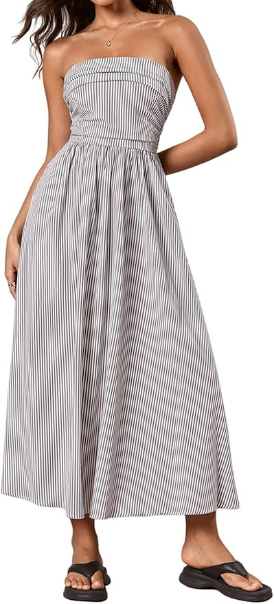 Milumia Women's Striped Strapless Maxi Dress Summer Casual Tube Top Long Dresses with Pocket | Amazon (US)