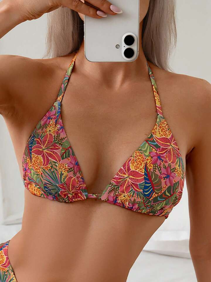 Swim Vcay Women's Beach Holiday Random Tropical Plant Print Halter Tie Sexy Triangle Bikini Top | SHEIN