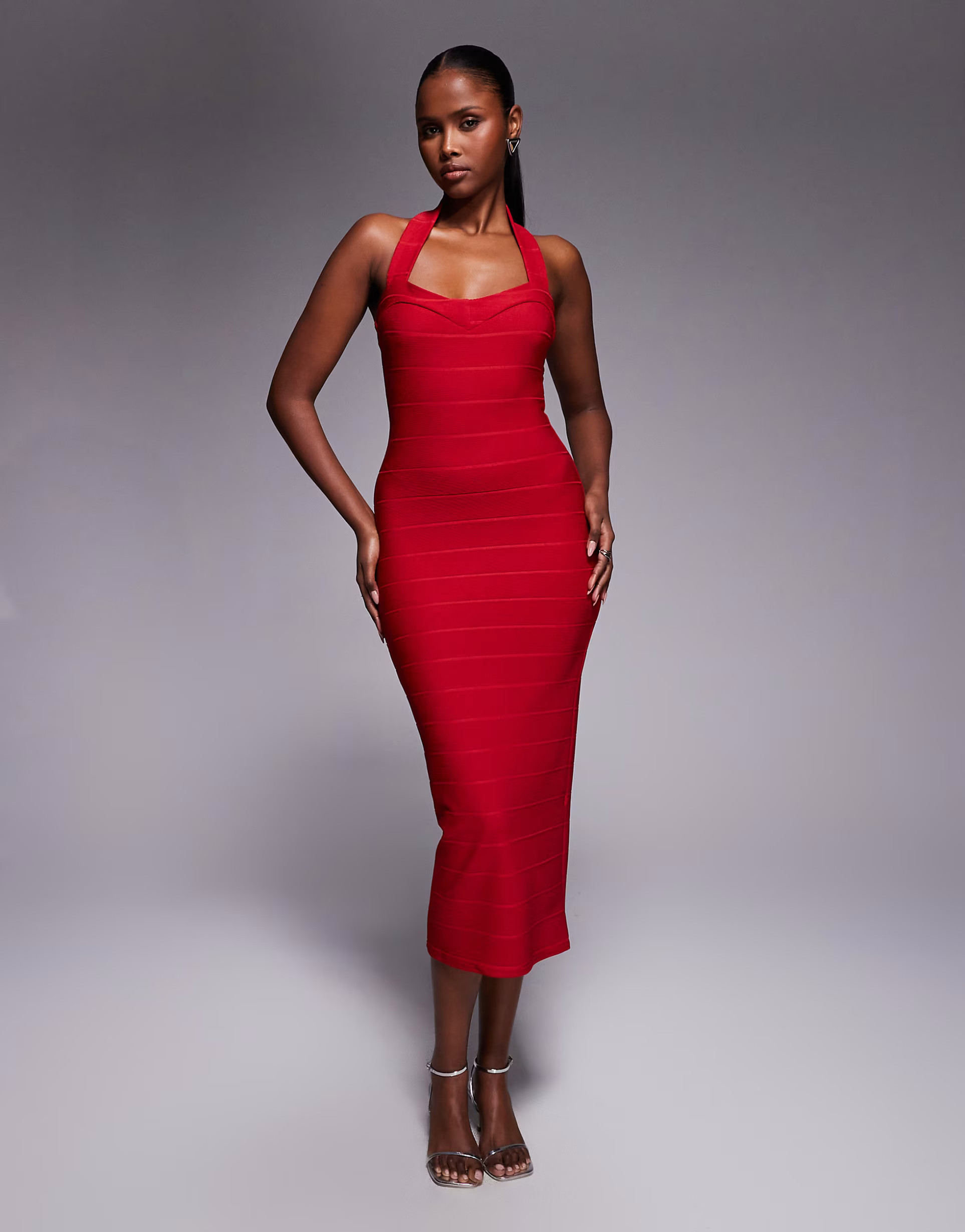 Kaiia exclusive halterneck sweetheart neckline bandage midaxi dress in red | ASOS (Global)