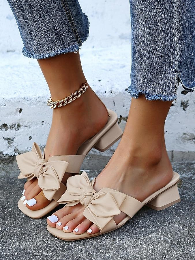 Womens Bow Dressy Low Heel Sandals Slides Summer Chunky Block Heeled Open Toe Mules Slip on Slipp... | Amazon (US)