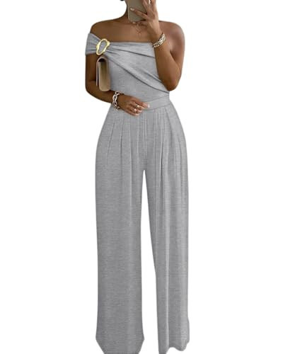CHICME Womens Sleeveless Jumpsuit One Shoulder Ruched Romper Casual Fall Buckle Decor Wide Leg Jumpsuits Gray-M | Amazon (US)