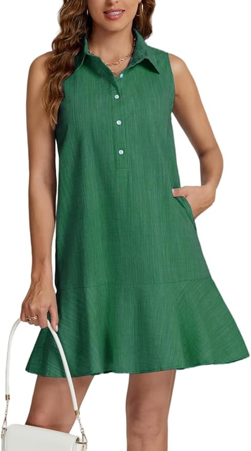 Women Sleeveless Mini Dress Button Down Shirt Dress V Neck Reffle Hem Cotton Linen Tunic Short Dr... | Amazon (US)