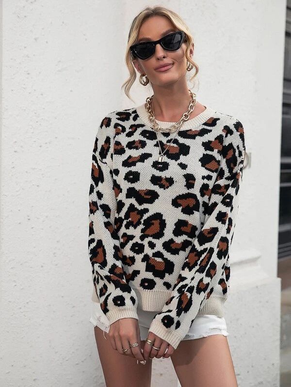 Leopard Pattern Drop Shoulder Sweater | SHEIN