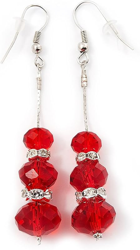 Silver Tone Red Acrylic Bead Diamante Drop Earrings - 6cm Length | Amazon (US)