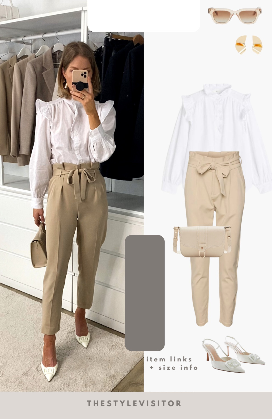 Simple workwear outfit wearing paperbag trousers and a white shirt with shoulder details. The trousers are available in petite and normal length I believe. Read the size guide/size reviews to pick the right size.

Leave a 🖤 to favorite this post and come back later to shop

#work outfit #workwear #officeoutfit #beige pants 

#LTKSeasonal #LTKstyletip #LTKworkwear