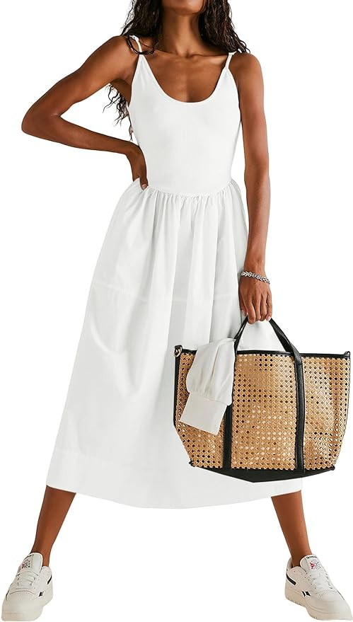 Fisoew Womens Spaghetti Strap Dress V Neck Backless Summer Casual A Line Cami Dress with Pocket | Amazon (US)