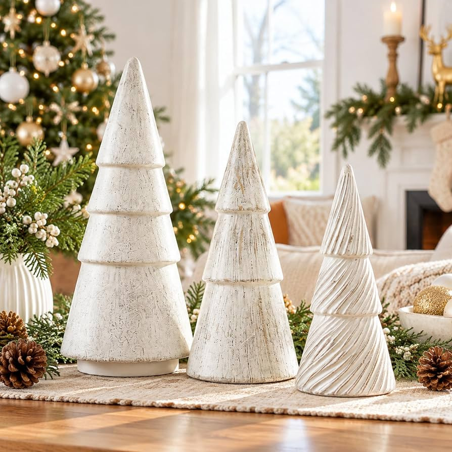 Amyhill 3 Pcs Neutral Cone Christmas Tree Figurines, Resin, Antique White | Amazon (US)