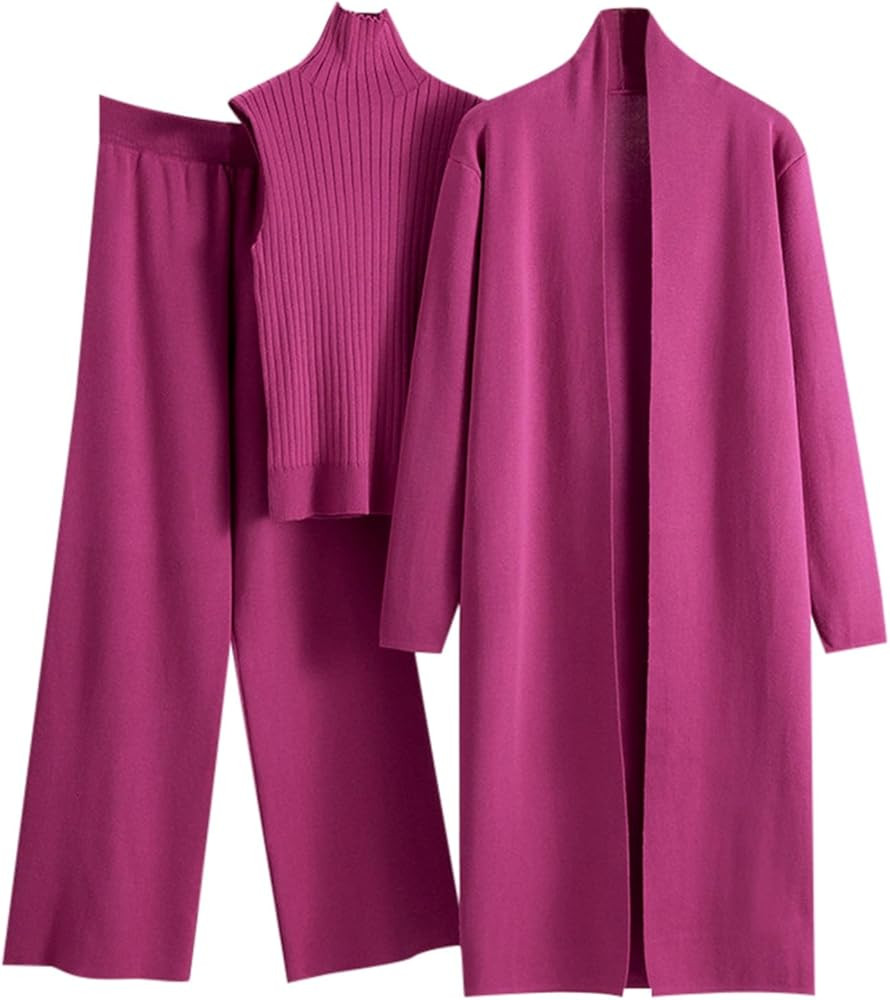 Women's 3 Piece Knit Lounge Set, Long Sleeve Cardigan Sleeveless Turtleneck Tank Top and Wide Leg... | Amazon (US)