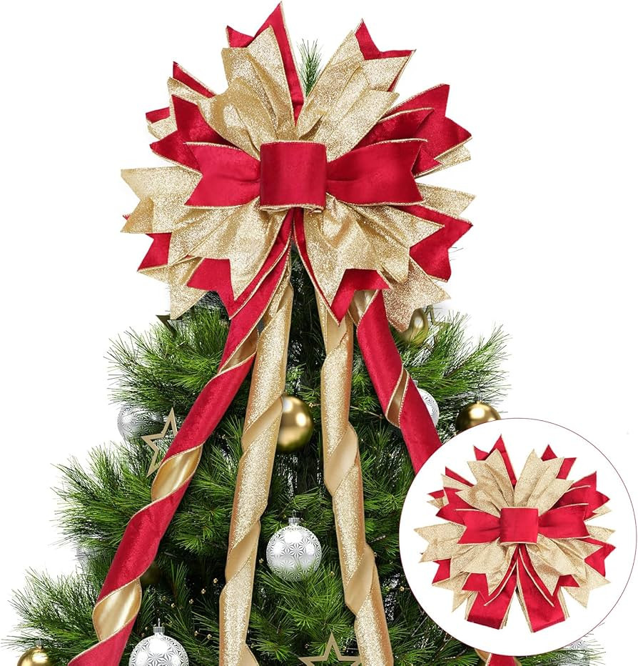 Christmas Tree Topper Bow with Streamers, 53x13 Inches Xmas Large Topper Bow Red Velvet Bows with... | Amazon (US)