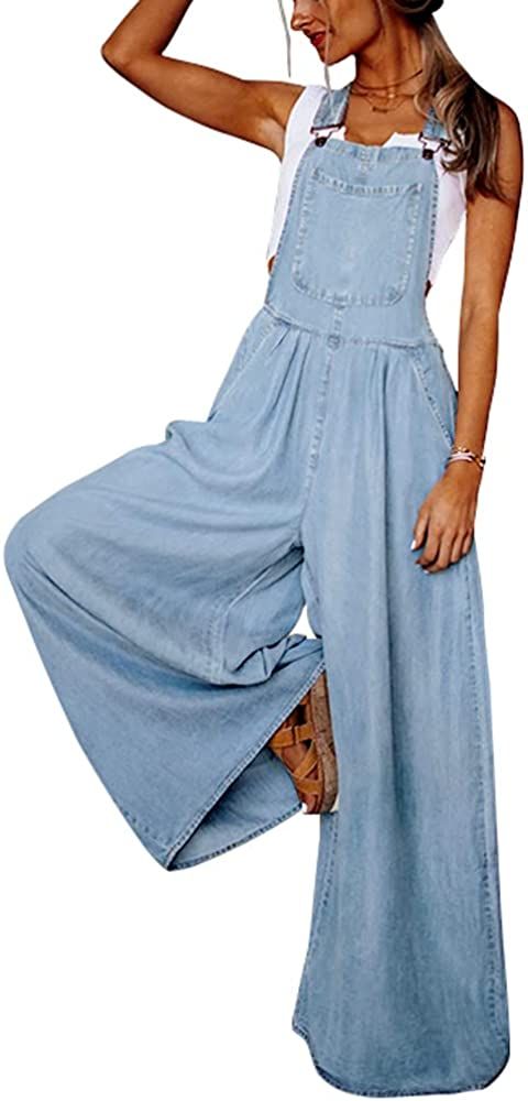 chouyatou Women's Loose Adjustable Strap Wide Leg Denim Bib Overall Jeans Pants | Amazon (US)