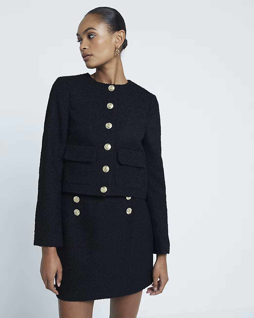 Black cropped boucle jacket | River Island UK & IE