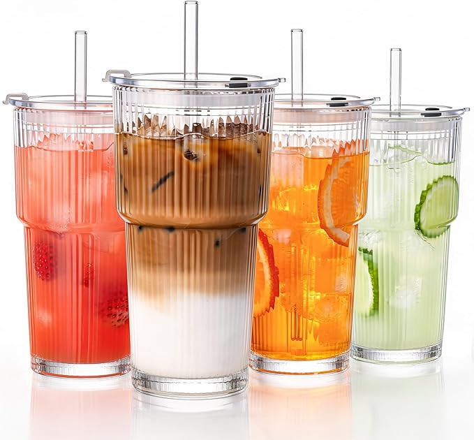 GOSCHE 20oz Glass Tumblers with Straws and Lids, Ribbed Iced Coffee Cups Leak-proof, Dishwasher S... | Amazon (US)