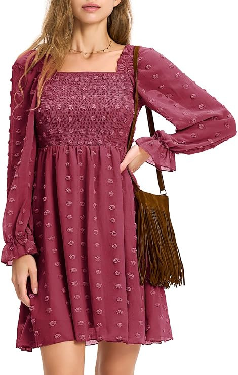 EXLURA Women's 2024 Fall Long Sleeve Party Swiss Dot Dress Smocked Ruffle Cocktail Mini Dresses | Amazon (US)