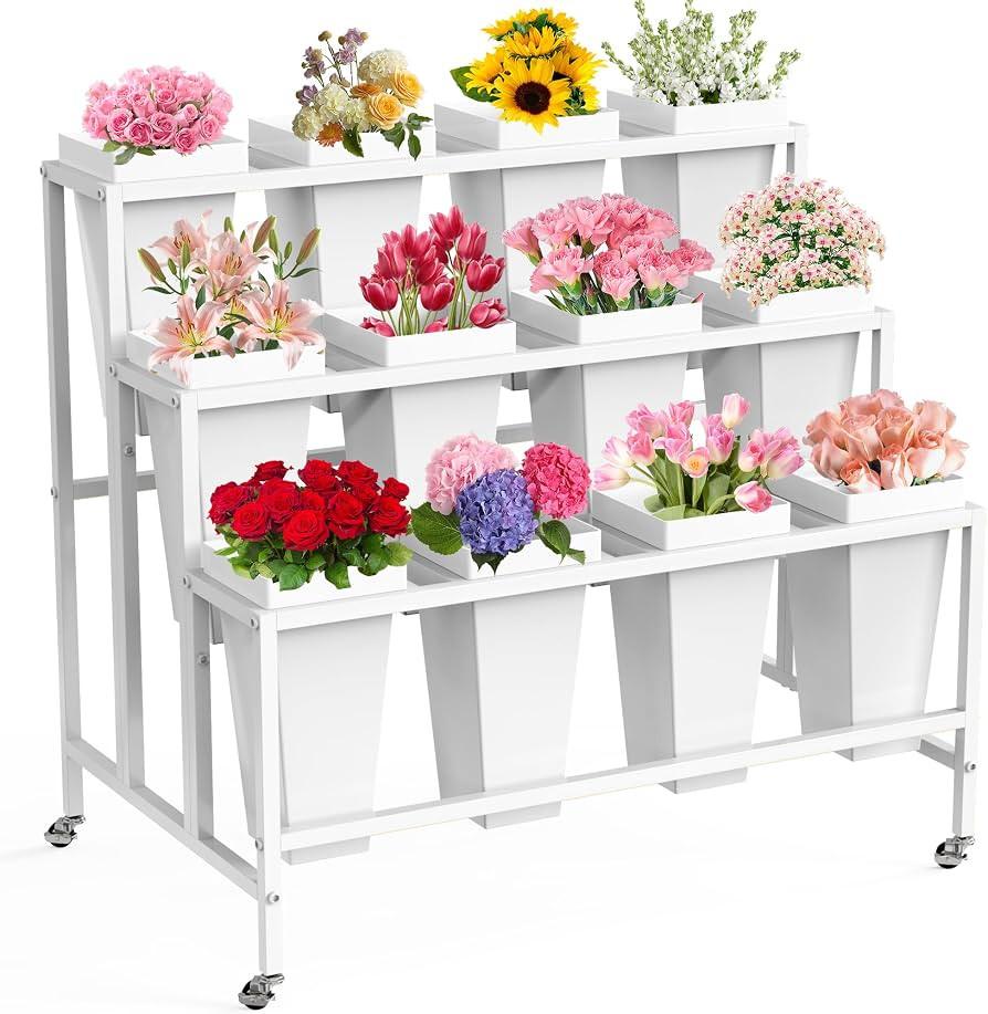 VGMiu Flower Display Stand with 12 Buckets, Flower Cart 3 Layers White Metal Flower Bar Stand wit... | Amazon (US)