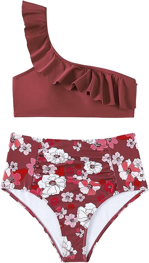 SweatyRocks Women's 2 Piece Swimsuit One Shoulder Floral Print High Waist Bikini Bathing Suit | Amazon (US)