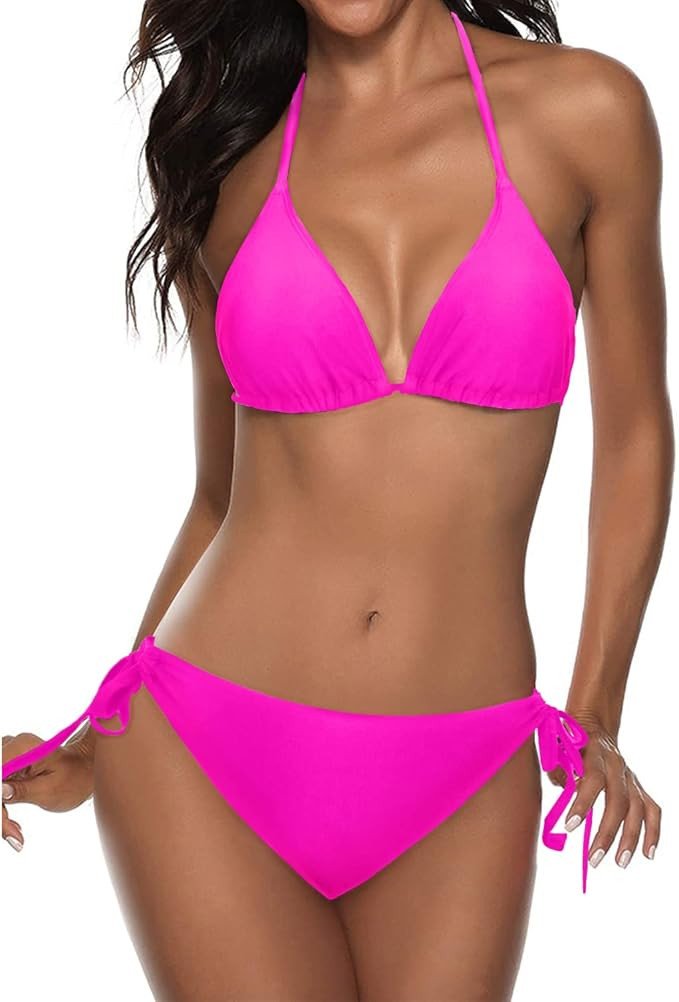 Tempt Me Women Two Piece Halter Padded Top Tie Side Bottom Triangle Bikini Bathing Suit | Amazon (US)