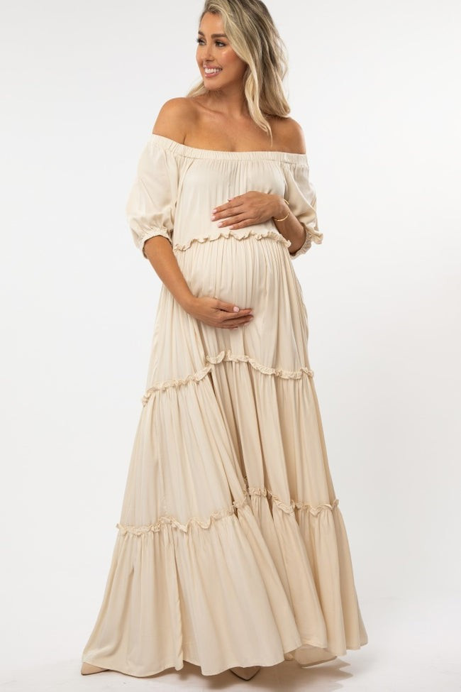 Mauve Off Shoulder Ruffle Tiered Maternity Maxi Dress | PinkBlush Maternity