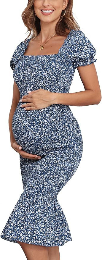 Spring Long Puff Sleeve Maternity Dress Floral Ruffle Hem Mermaid Baby Shower/Photoshoot Dress | Amazon (US)