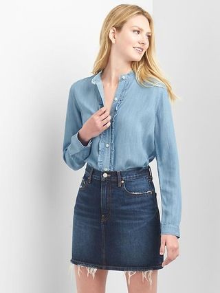 Gap Womens Denim Ruffle Tuxedo Shirt Light Indigo Size XXL | Gap US