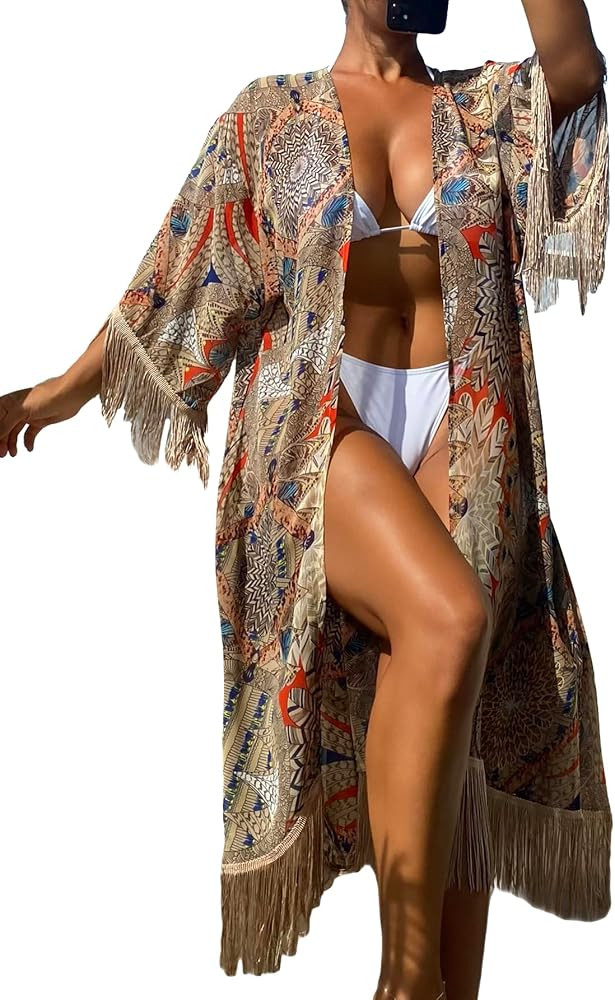 Verdusa Women's Printed Fringe Trim Dolman Sleeve Kimono Boho Beach Cover Up | Amazon (US)