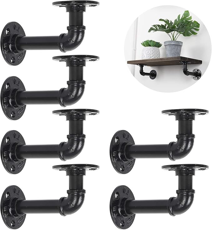 Pipe Shelf Bracket, Industrial Rustic Pipe Wall Shelving Wall Mount Heavy Duty DIY Hardware, 6 Pa... | Amazon (US)