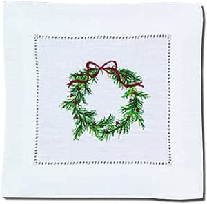 Christmas Linen Cocktail Napkins Embroidered with Christmas Wreath | Amazon (US)