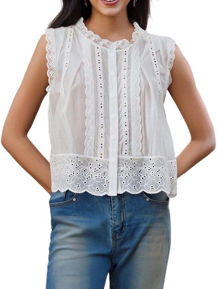 Women Lace Trim Sleeveless Tank Tops Square Neck Button Down Babydoll Cami Top Loose Fit Tie Up R... | Amazon (US)