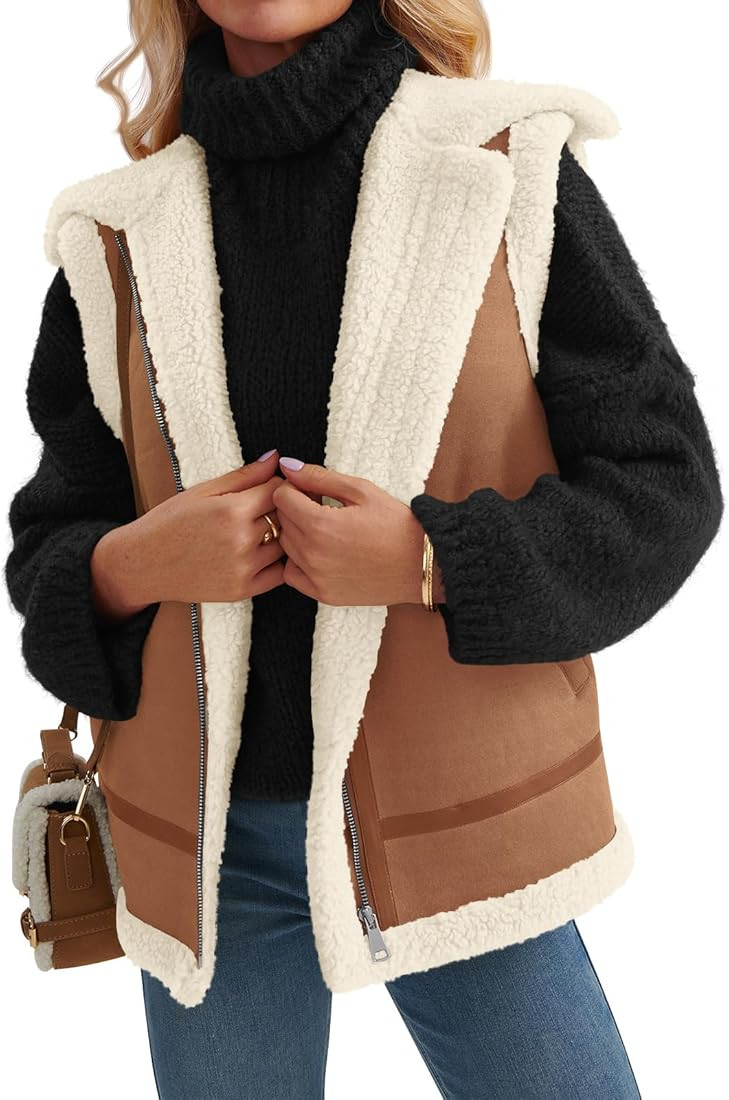 AUTOMET Womens Suede Sherpa Lined Leather Vest Jacket 2024 Fall Winter Zip Up Sleeveless Lambwool... | Amazon (US)