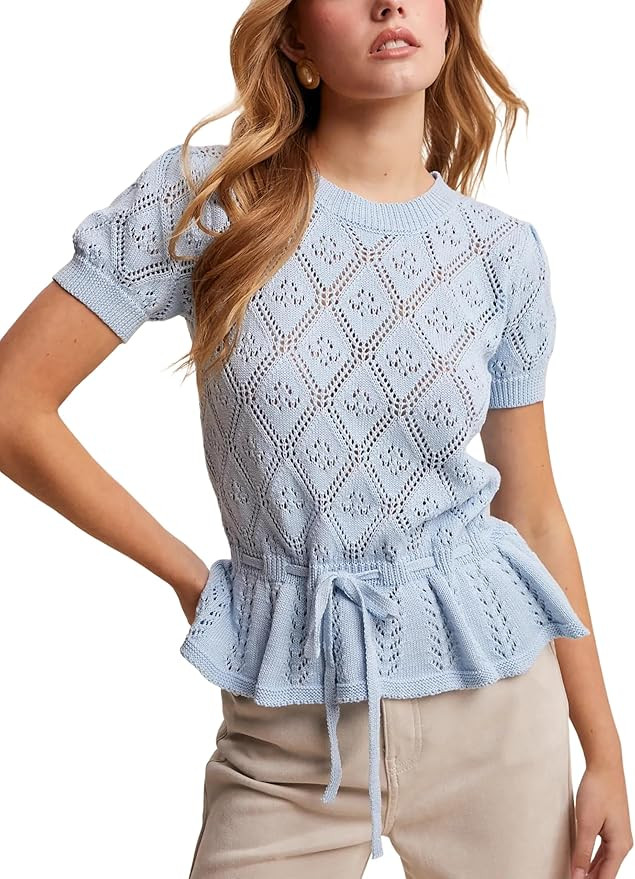 Bianstore Womens Casual Short Sleeve Crochet Knit Sweater Lightweight Hollow Out Tie Front Peplum... | Amazon (US)