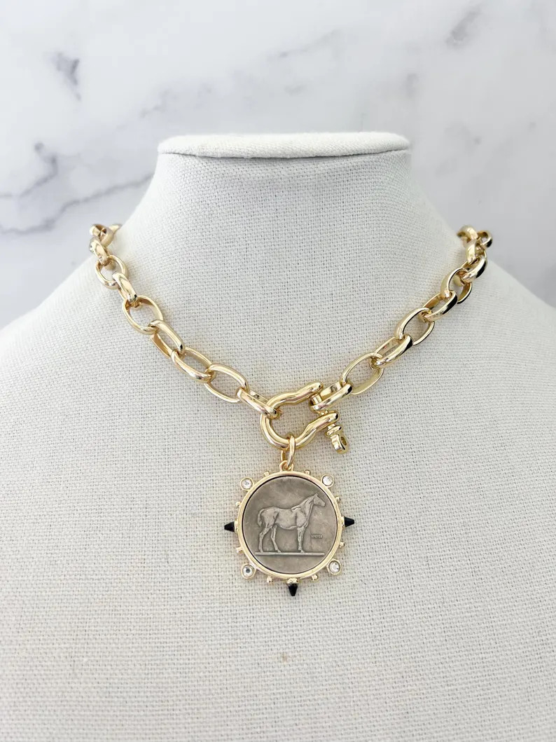 Vintage Equestrian Coin Necklace Gold Horse Coin Horse Shackle Chain Necklace Gold Carabiner Chai... | Etsy (Global)