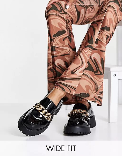 ASOS DESIGN Wide Fit Mai chunky chain loafers in black patent | ASOS (Global)