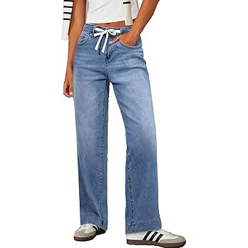 Sidefeel Women's Wide Leg Jeans High Waisted Stretchy Straight Leg Baggy Drawstring Zimbaplatinum... | Amazon (US)