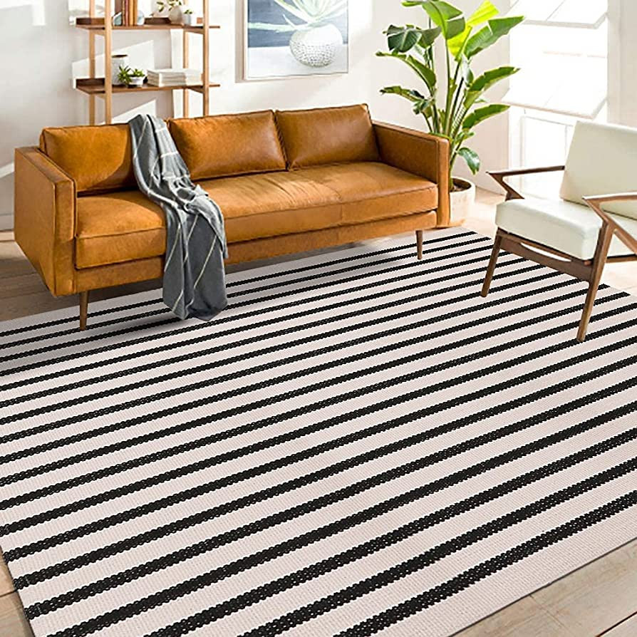 LEEVAN Black and White Striped Outdoor Area Rug 4x6 ft Patio Rugs Washable Woven Cotton Boho Livi... | Amazon (US)