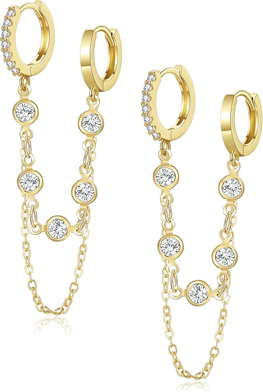 Tassel Chain Small Gold Hoop Dangle Earring For Women Huggie Earring Heart Star CZ 14K Gold Plate... | Amazon (US)