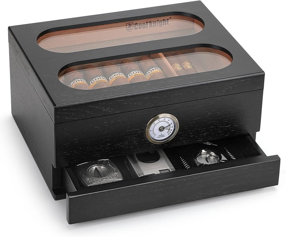 COOL KNIGHT Cigar Humidor with Front Hygrometer, Humidifier and Accessory Drawers-Tempered Glass ... | Amazon (US)