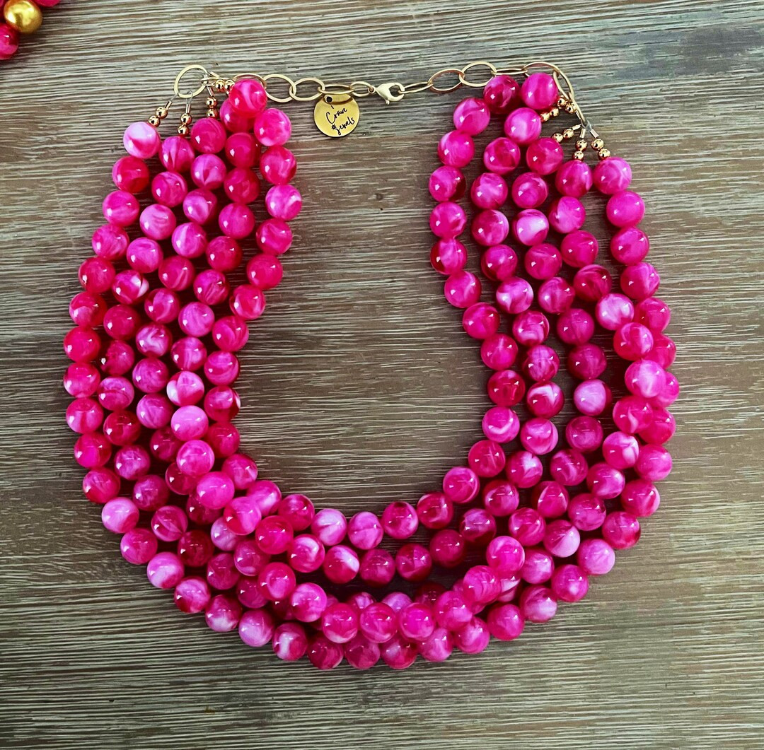 Necklace for Women Bright Pink Bead Necklace - Chuncky Beaded Statement Necklace Multistrand in V... | Etsy (Global)