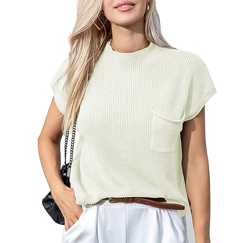 Women's Sweater Vest Trendy Sleeveless Knit Pullover Tops Cap Sleeve Loose Fit Casual Knitted Tank Top with Pocket White | Amazon (US)