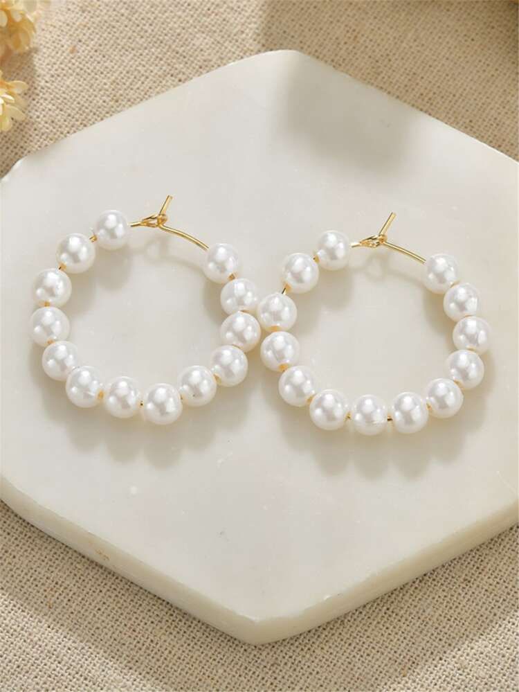 Faux Pearl Beaded Hoop Earrings | SHEIN