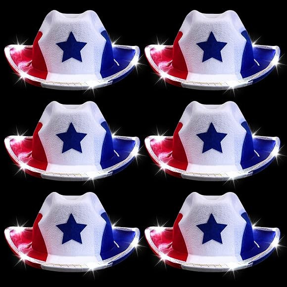Bokon 6 Pack American Flag Light Cowboy Hat Red White Blue LED Cowgirl Hat 4th of July Patriotic ... | Amazon (US)