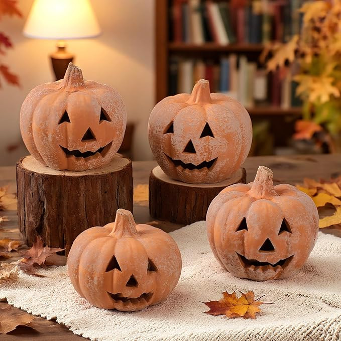 Chunful 4 Pcs Halloween Terracotta Pumpkin Ornament Fall Decor Jack O' Lantern Table Decor Round ... | Amazon (US)