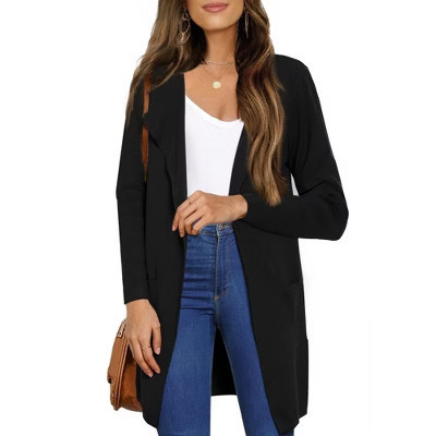 INSPIRE CHIC Women's Open Front Long Sleeve Mid Long Knit with Pockets Fall Layering Sweater Coatigan Jacket Large Black | Target