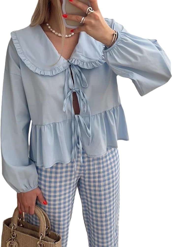 Women Lapel Doll Collar Blouse Puff Sleeve Pleated Tie Front Peplum Shirts Summer Cute Babydoll T... | Amazon (US)